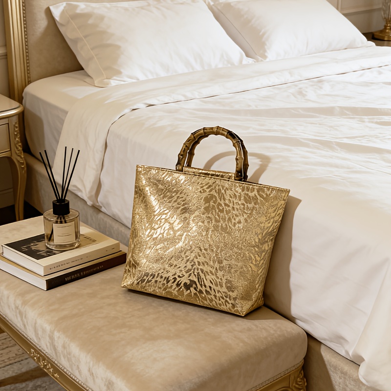 Xl Luxury Bags - กระเป๋าโท้ทลายใบไม้สีทองเมทัลลิกสุดหรูสำหรับผู้หญิง หูหิ้วลายไม้ไผ่เทียม กระเป๋าถือขนาดใหญ่จุของได้เยอะ