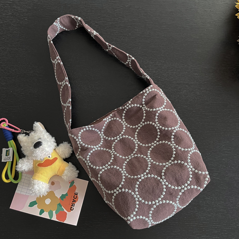 Luxury Bags Japan - กระเป๋าทรงถังสไตล์ญี่ปุ่นสำหรับผู้หญิง กระเป๋าถือดีไซน์หรูหรา รุ่นใหม่ปี 2026 ทำจากโพลีเอสเตอร์ ปักลายวงกลม