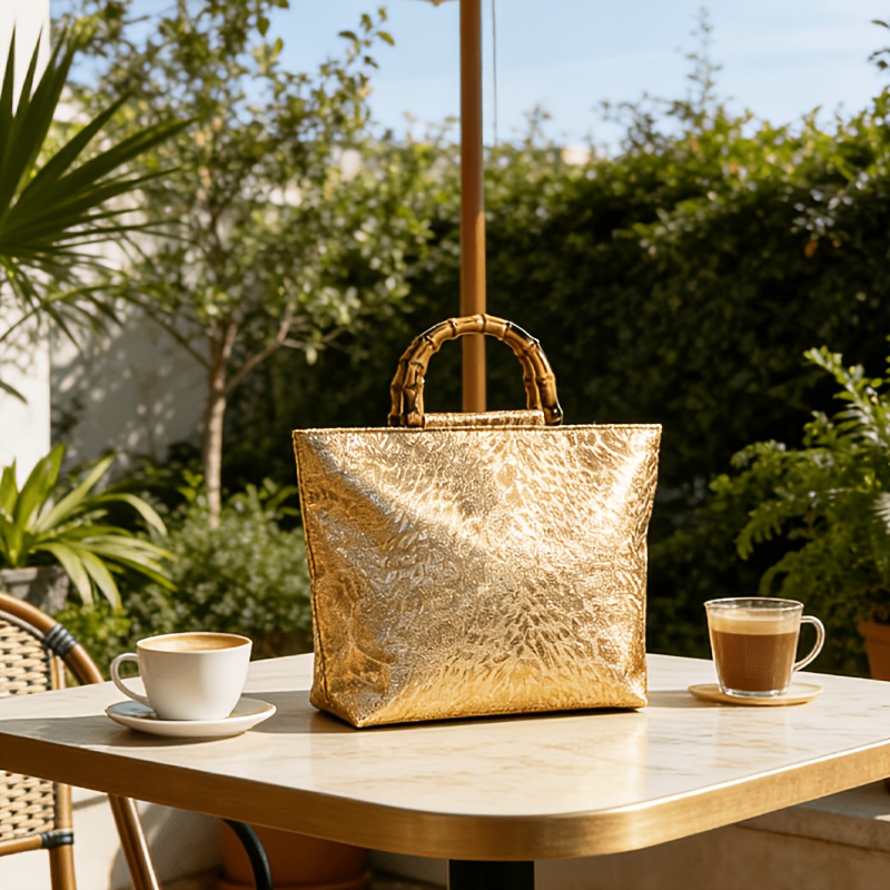 กระเป๋าโท้ทลายใบไม้สีทองเมทัลล - Xl Luxury Bags บทวิจารณ์และราคา